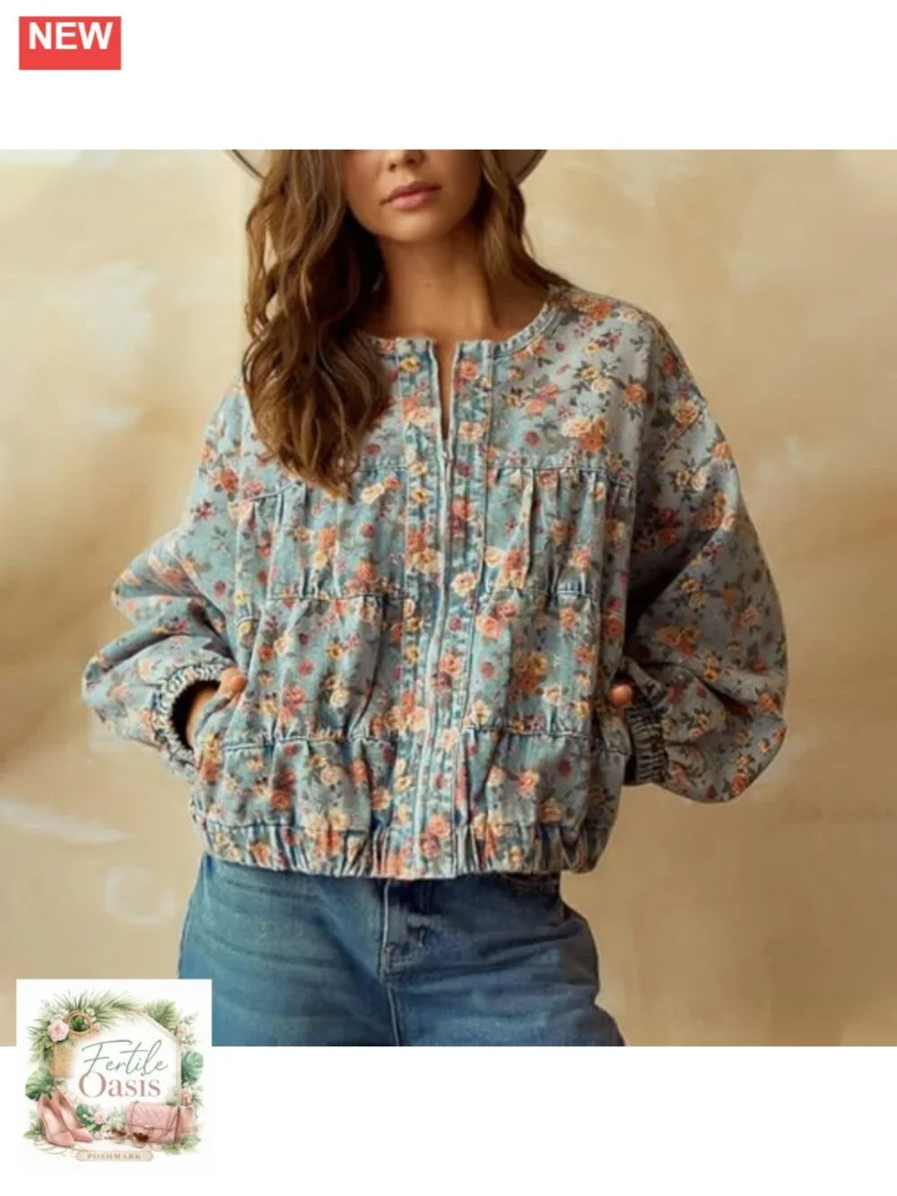 Oversized Floral Denim Bomber Jacket Y2K Trendy Lightweight